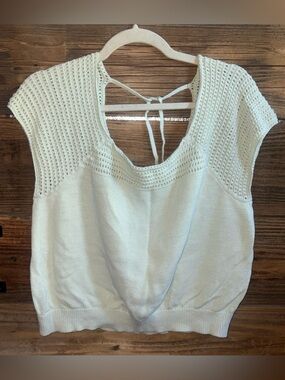 Light Mint Green Knit Cap-Sleeve Sweater Top with Back Tie 100% Cotton